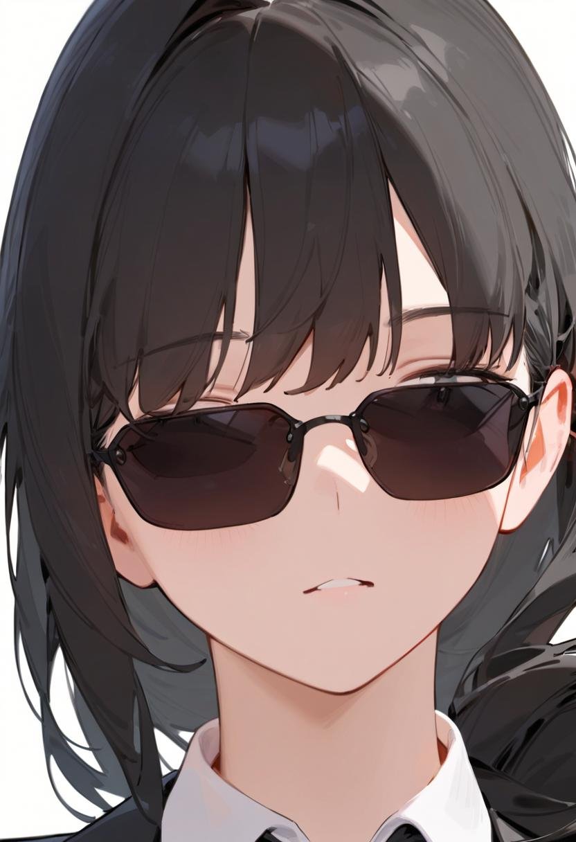 masterpiece, best quality, very aesthetic, absurdres, 1girl, solo, black hair, long hair,agtsg, sunglasses, dark black-tinted eyewear,  formal, black suit, black necktie, collared shirt, covered eyes, simple background, white background, looking at another, upper body, face focus, standing,  <lora:sunglasses_agent_smith_SDXL_V1:1>