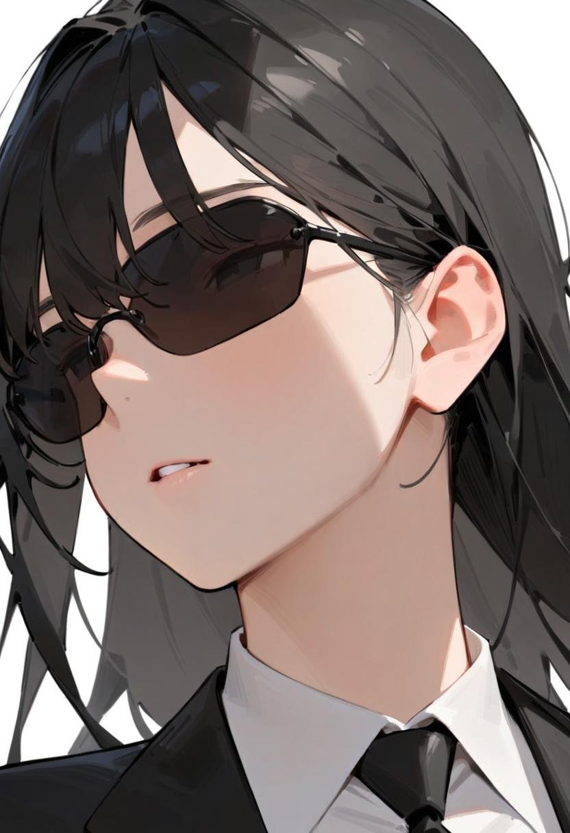 masterpiece, best quality, very aesthetic, absurdres, 1girl, solo, black hair, long hair,agtsg, sunglasses, dark black-tinted eyewear,  formal, black suit, black necktie, covered eyes, simple background, white background, looking at another, upper body, face focus,  <lora:sunglasses_agent_smith_SDXL_V1:1>