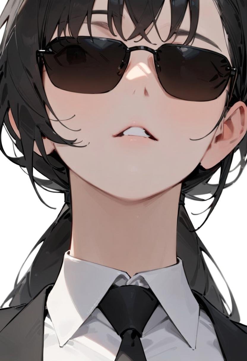 masterpiece, best quality, very aesthetic, absurdres, 1girl, solo, black hair, long hair,agtsg, sunglasses, dark black-tinted eyewear,  formal, black suit, black necktie, covered eyes, simple background, white background, looking at another, upper body, face focus,  <lora:sunglasses_agent_smith_SDXL_V1:1>