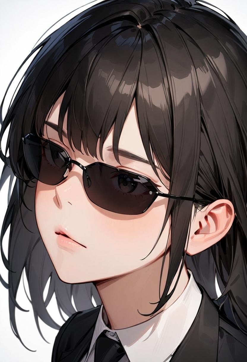 masterpiece, best quality, very aesthetic, absurdres, 1girl, solo, black hair, long hair,agtsg, sunglasses, dark black-tinted eyewear,  formal, black suit, black necktie, collared shirt, covered eyes, simple background, white background, looking at another, upper body, face focus, standing,  <lora:sunglasses_agent_smith_SDXL_V1:1>