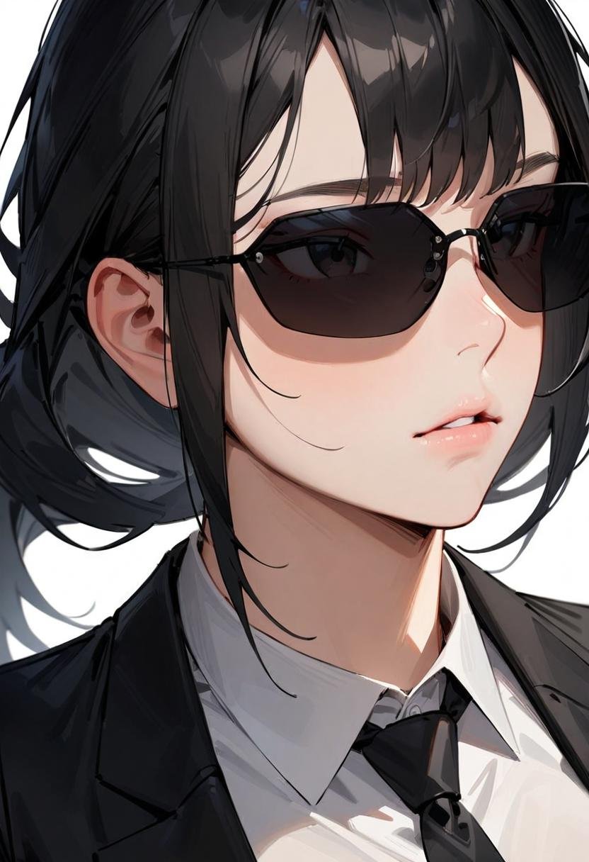 masterpiece, best quality, very aesthetic, absurdres, 1girl, solo, black hair, long hair,agtsg, sunglasses, dark black-tinted eyewear,  formal, black suit, black necktie, collared shirt, covered eyes, simple background, white background, looking at another, upper body, face focus, standing,  <lora:sunglasses_agent_smith_SDXL_V1:1>