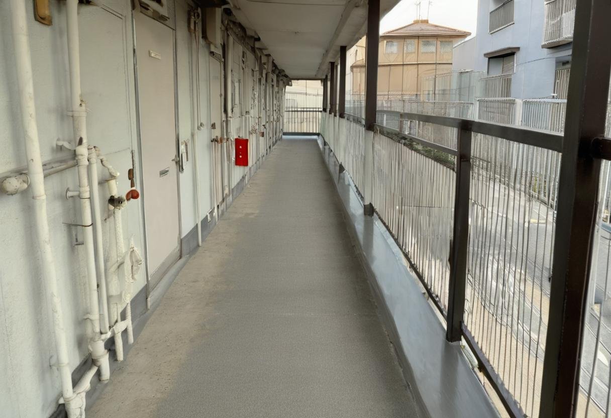 masterpiece, best quality, very aesthetic, absurdres,rouka, scenery, fence, railing, building, day, outdoors, door <lora:japan_apartment_SDXL_V2:1>
