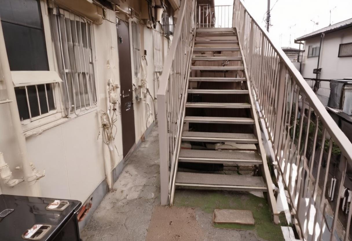 masterpiece, best quality, very aesthetic, absurdres,rouka, scenery, stairs, power lines, building, real world location, day, door, outdoors,  <lora:japan_apartment_SDXL_V2:1>