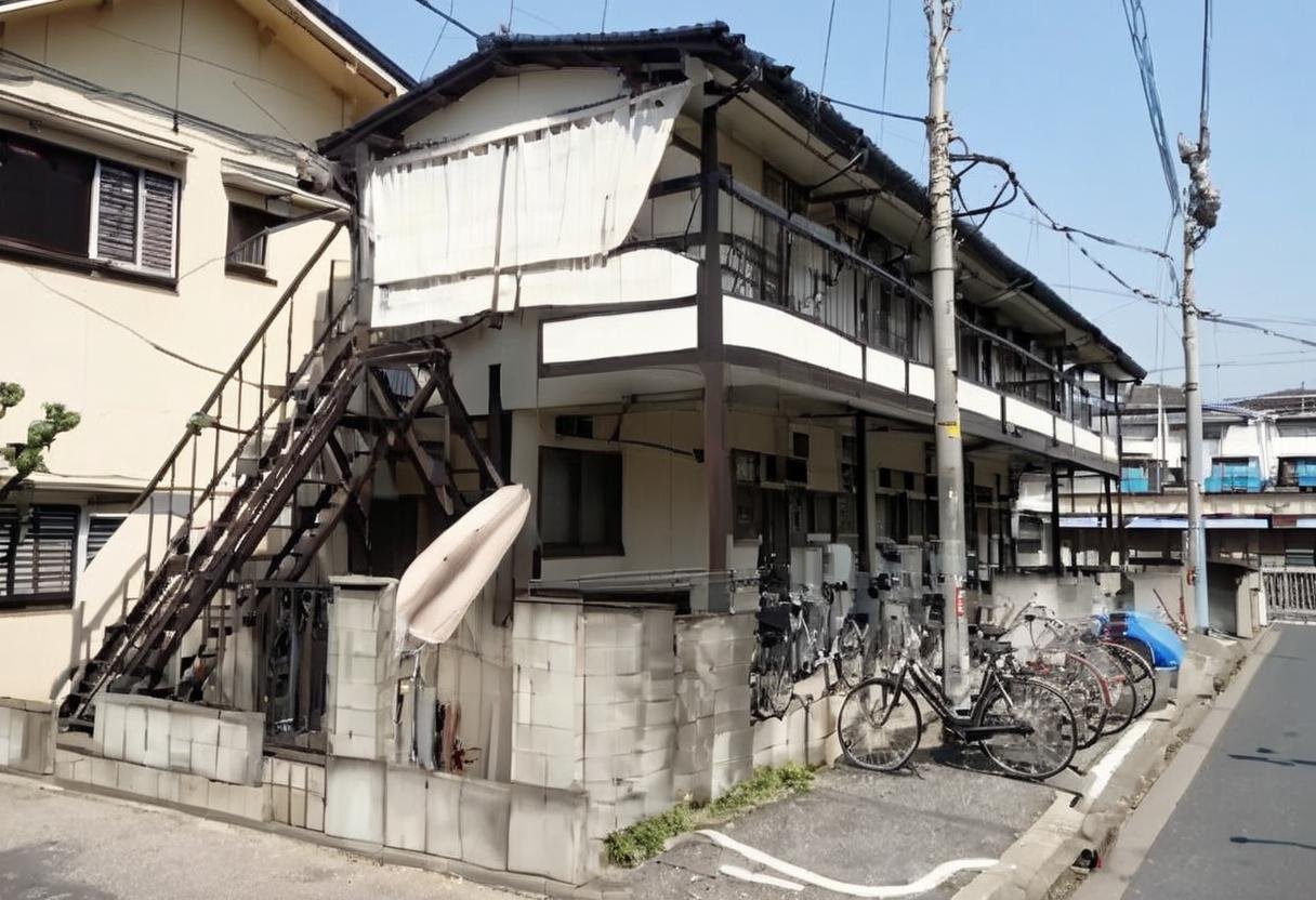masterpiece, best quality, very aesthetic, absurdres,bunkajutaku, bicycle, scenery, power lines, sky, day, blue sky, building, utility pole, real world location, road, street, house, exterior, outdoors <lora:japan_apartment_SDXL_V2:1>