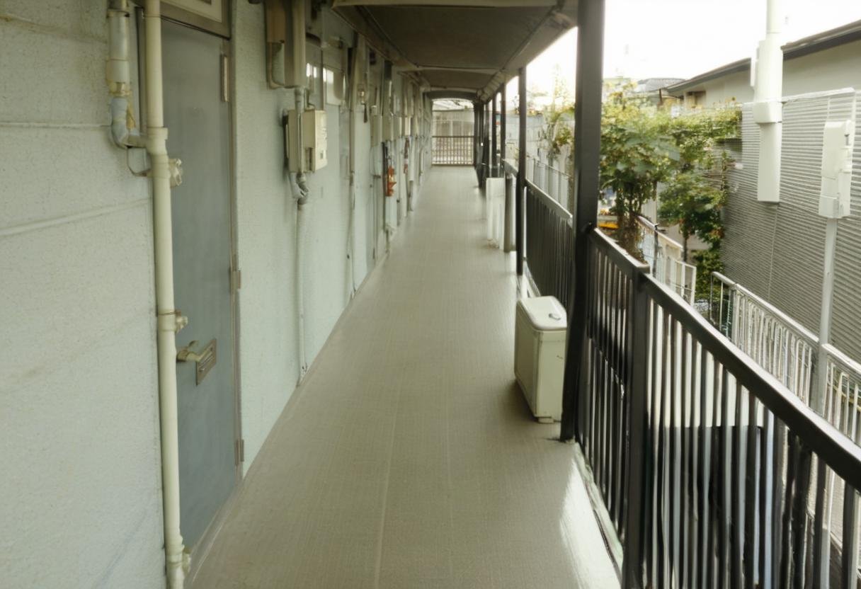 masterpiece, best quality, very aesthetic, absurdres,rouka, scenery, fence, railing, building, day, outdoors, door <lora:japan_apartment_SDXL_V2:1>