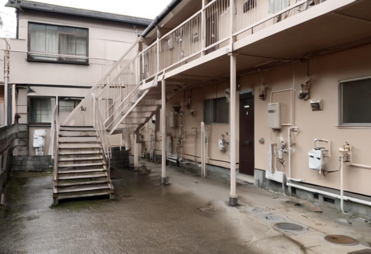 masterpiece, best quality, very aesthetic, absurdres,rouka, scenery, stairs, power lines, building, real world location, day, door, outdoors,  <lora:japan_apartment_SDXL_V2:1>