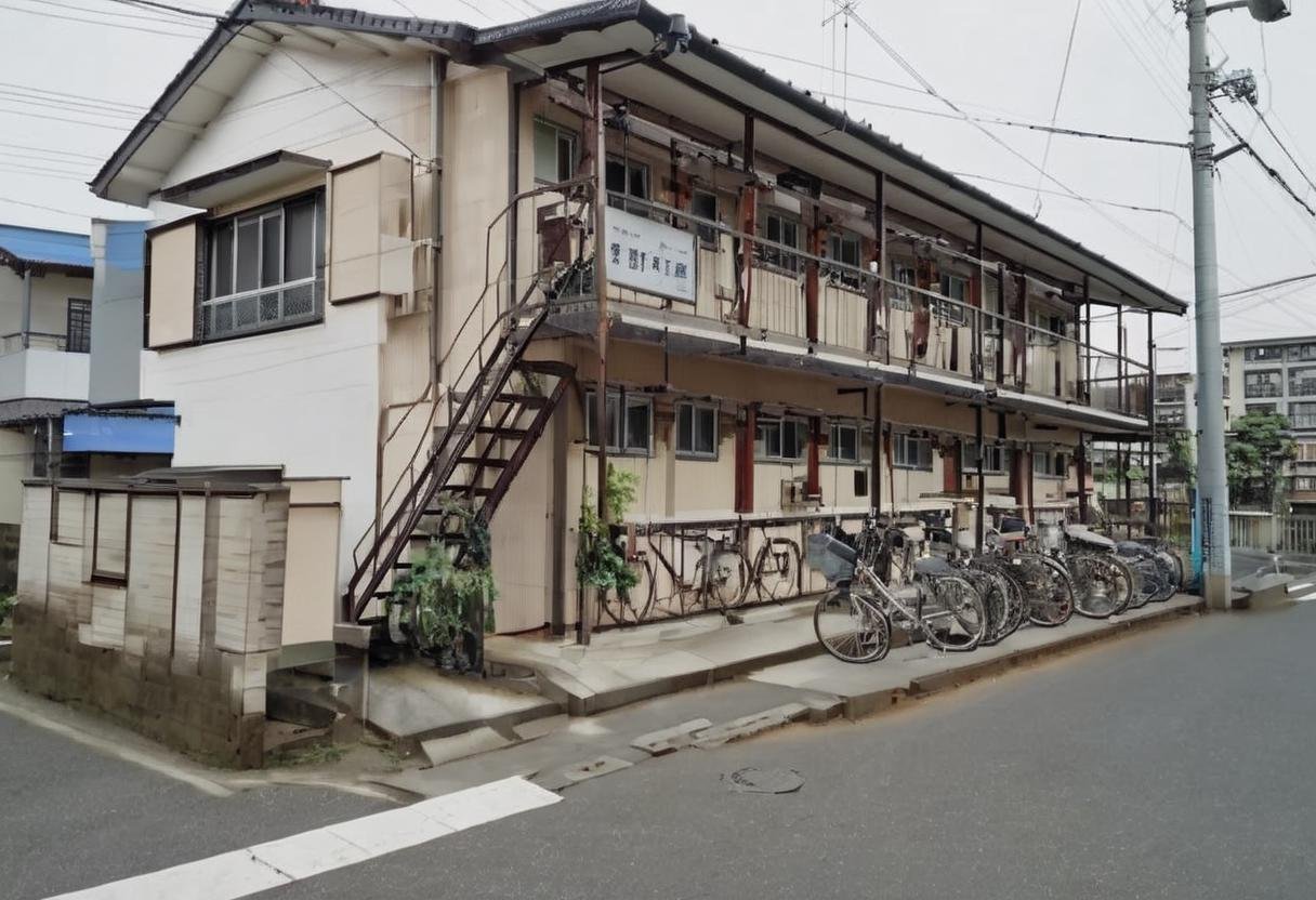 masterpiece, best quality, very aesthetic, absurdres,bunkajutaku, bicycle, scenery, power lines, sky, day, blue sky, building, utility pole, real world location, road, street, house, exterior, outdoors <lora:japan_apartment_SDXL_V2:1>