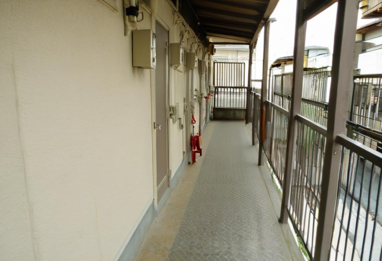 masterpiece, best quality, very aesthetic, absurdres,rouka, scenery, fence, railing, building, day, outdoors, door <lora:japan_apartment_SDXL_V2:1>