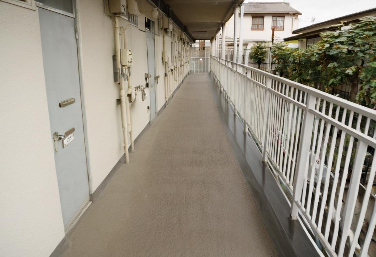 masterpiece, best quality, very aesthetic, absurdres,rouka, scenery, fence, railing, building, day, outdoors, door <lora:japan_apartment_SDXL_V2:1>