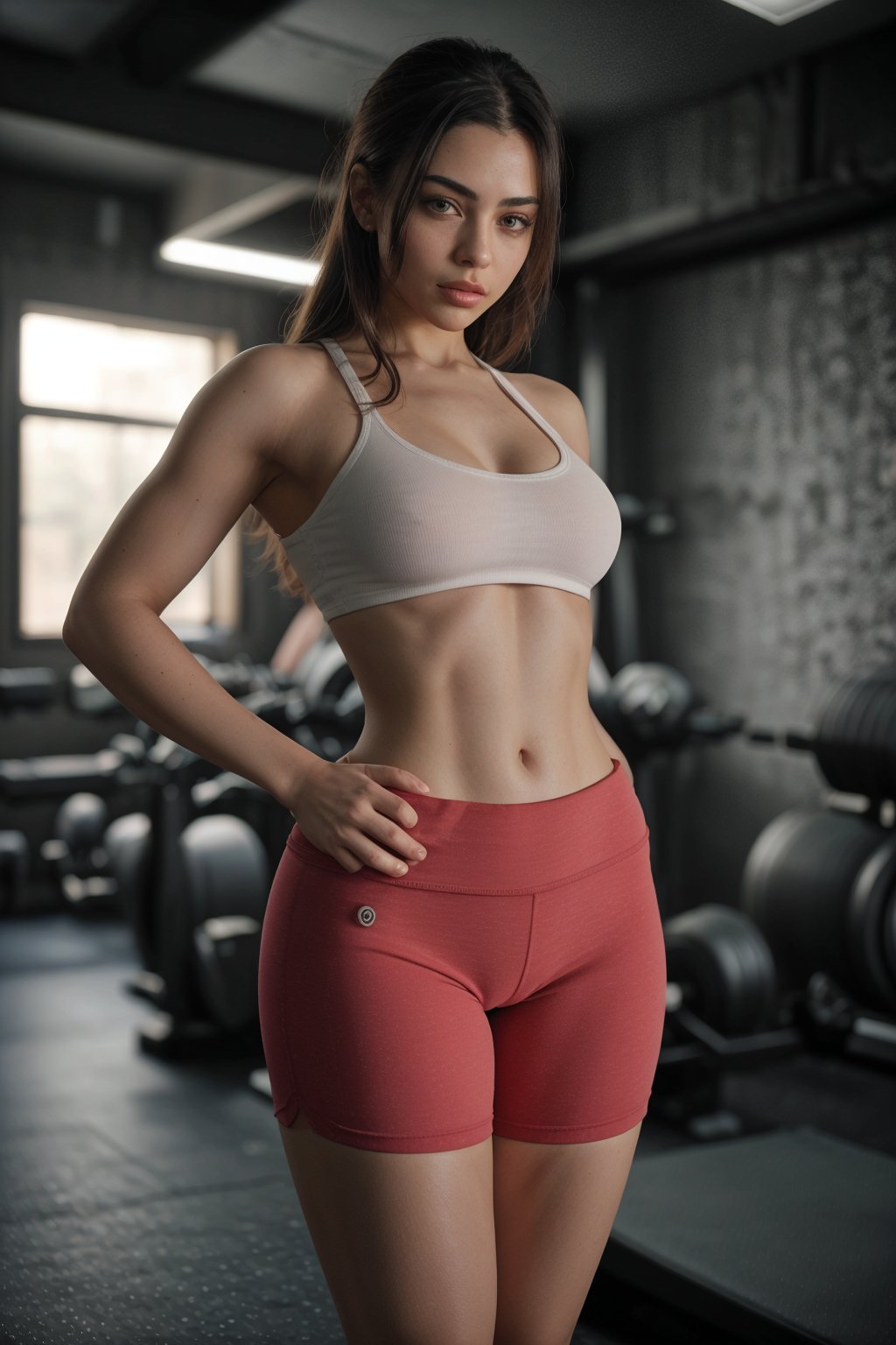 Girl, 25 yo, side pose,   solo,long hair, in gym, lifting rode, 100 kg,  short pants, abs, fitness body, yellow  hot pants,  seducing,  realistic, best quality, hires, intricate details, navel, reflections, photographed on a Canon EOS R5, 50mm lens, F/2.8, HDR, 8k resolution,  
 ray-tracing,z1l4,realistic ,Muscular beautiful girl,Fit girl