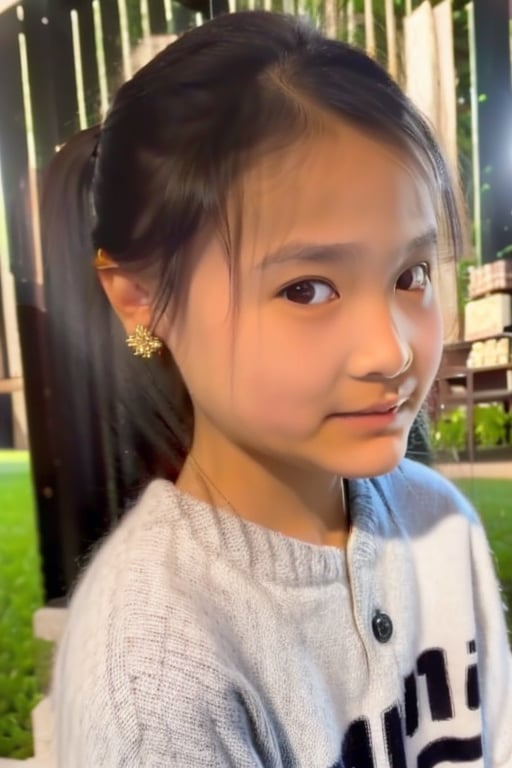 (((Dang))),(((10yo))),protrait photo,(ponytail hair),(outdoors, sunshine),1girl, solo, brown hair, black hair, jewelry, earrings, black eyes,lips,(((loli, (petite),realistic, model))),Dang,10yo