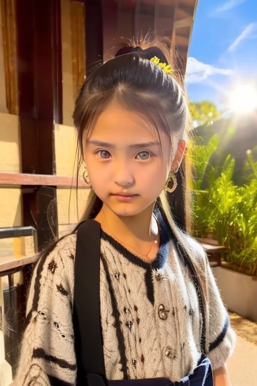 (((Dang))),(((13yo))),(ponytail hair),(outdoors, sunshine),1girl, solo, brown hair, black hair, jewelry, earrings,lips,(((loli, (petite),realistic, model))),Dang,