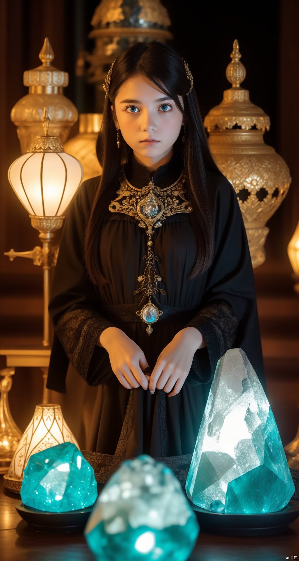 Masterpiece, best picture quality, photo texture, a 13-year-old Gothic girl, (Lamper, amber) ornament, surrounded by crystals, inspired by ice demons, biphasic