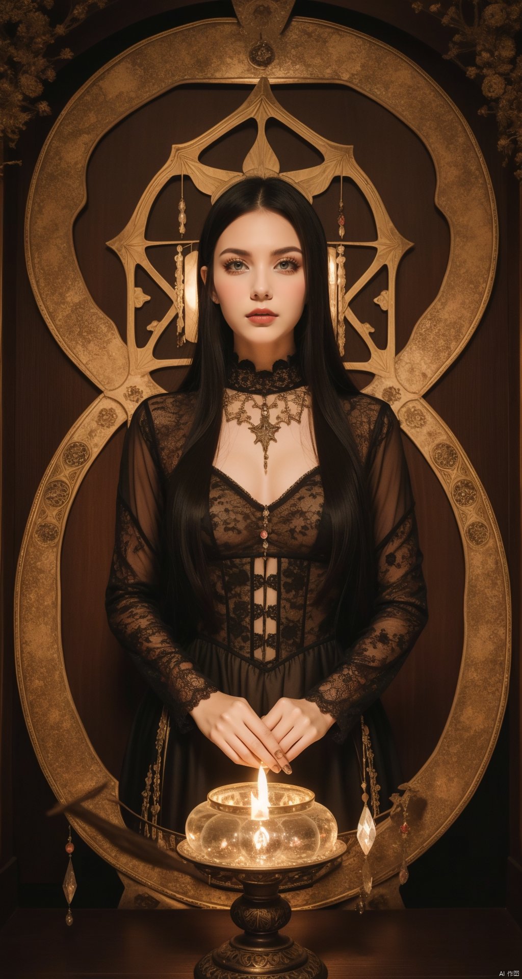  Masterpiece, best picture quality, photo texture, a 25-year-old Gothic girl, diviner, lust wall, Seven SINS, (Lamper, amber) ornaments, surrounded by crystals, inspired by ice demons, biphasic diagram,