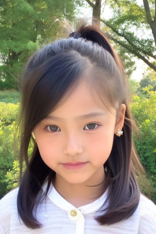 (((Dang))),(((8yo))),(ponytail hair),(outdoors, sunshine),1girl, solo, brown hair, black hair, jewelry, earrings,lips,(((loli, (petite),realistic, model))),Dang,