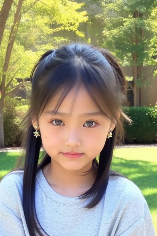 (((Dang))),(((8yo))),(ponytail hair),(outdoors, sunshine),1girl, solo, brown hair, black hair, jewelry, earrings,lips,(((loli, (petite),realistic, model))),Dang,