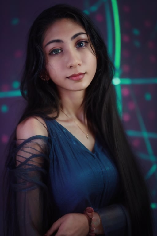 (best quality, 4k, 8k, highres, masterpiece:1.2), ultra-detaile, neon cables, gears, transparent body, mechanical details, glowing eyes, reflective surface, subtle reflections, ethereal, luminous, metallic highlights, sci-fi, futuristic, neon lights, blue and purple color palette, dynamic lighting,Mallu girl,photo r3al,Brown tone Beauty,cyberpunk glasses,realistic 