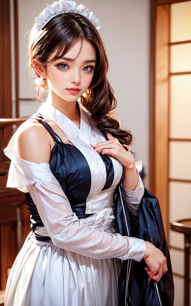 masterpiece, Best Quality, 1Girl, Japanese Maid, Detailed Uniform, Elegant Posture, Cute Accessories, Clean and Neat, Soft Smile, Traditional Japanese Elements, High Resolution, Vibrant Colors, 