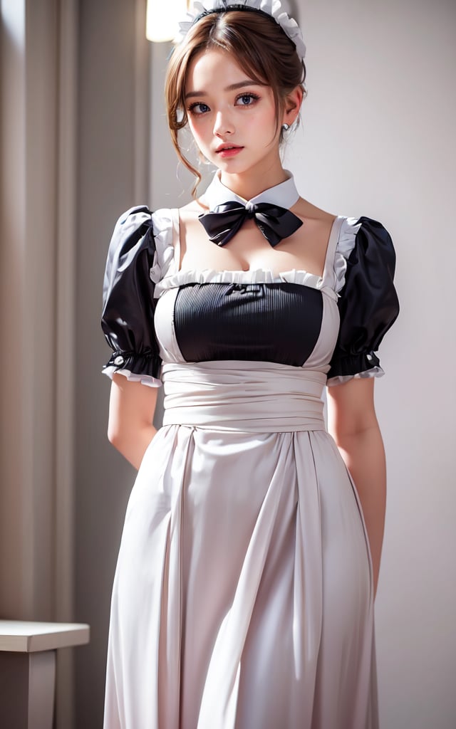 (Masterpiece:1.5), (Best quality:1.5), 8K, 1Girl, Japanese Maid, Maid uniform, Detailed Uniform, Elegant Posture, Cute Accessories, Clean and Neat, Soft Smile, High Resolution, Vibrant Colors, (Arms behind back), 