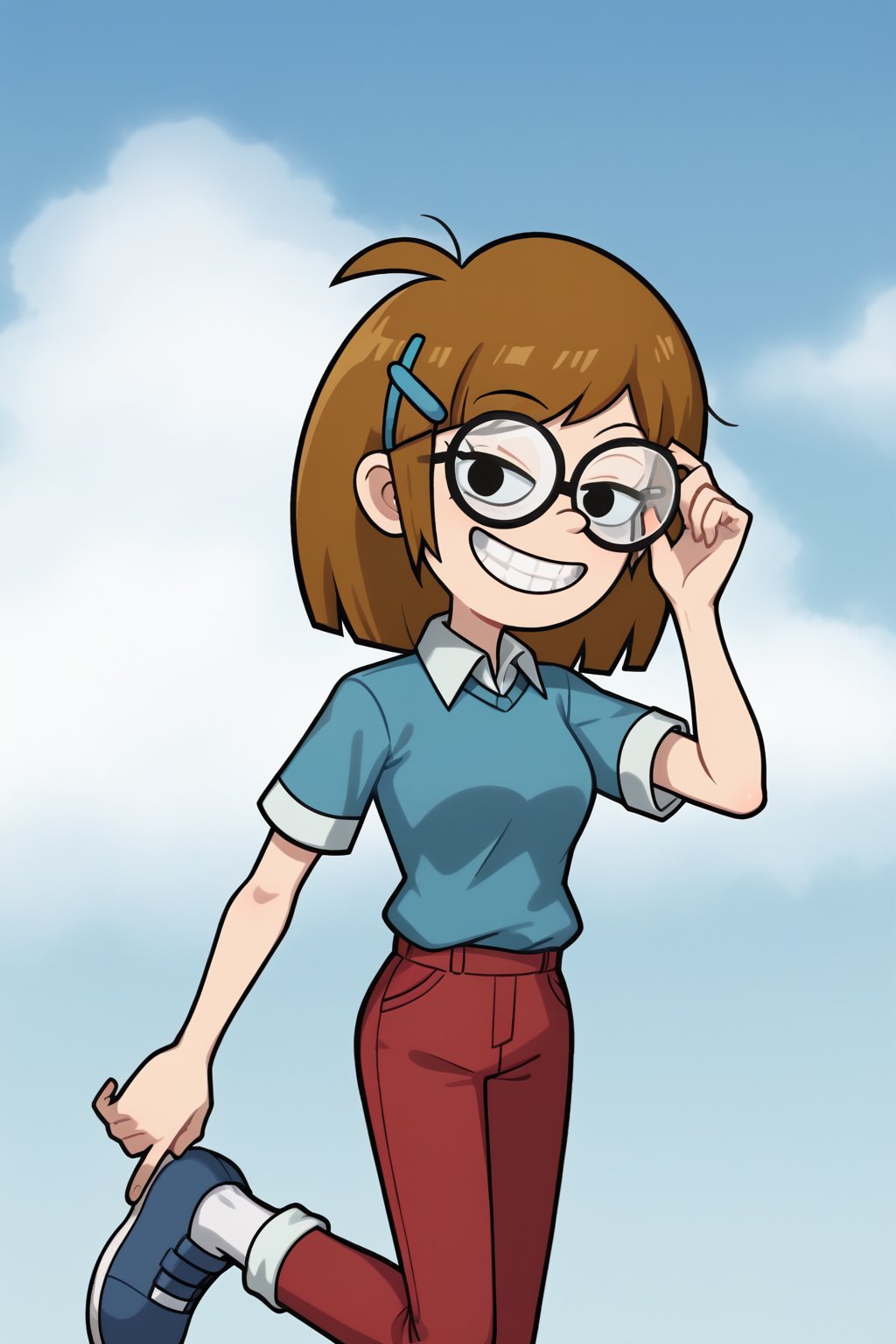 (1girl, solo, Jackie_wackerman, 13yo,  brown hair, medium hair, hairclip, glasses,collared shirt, sky blue sweater ,short sleeves, (white sleeves), red pants, blue footwear, grin, brackets, standing, upper body, ,looking at viewer),SFW