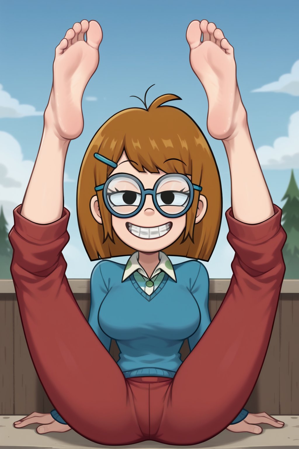 (1girl, solo, Jackie_wackerman, curvy body,  brown hair, medium hair, hairclip, glasses,collared shirt, sky blue sweater, red pants, blue footwear, grin, brackets, sitting, feet focus,looking at viewer, legs up, spread legs),SFW,score_9