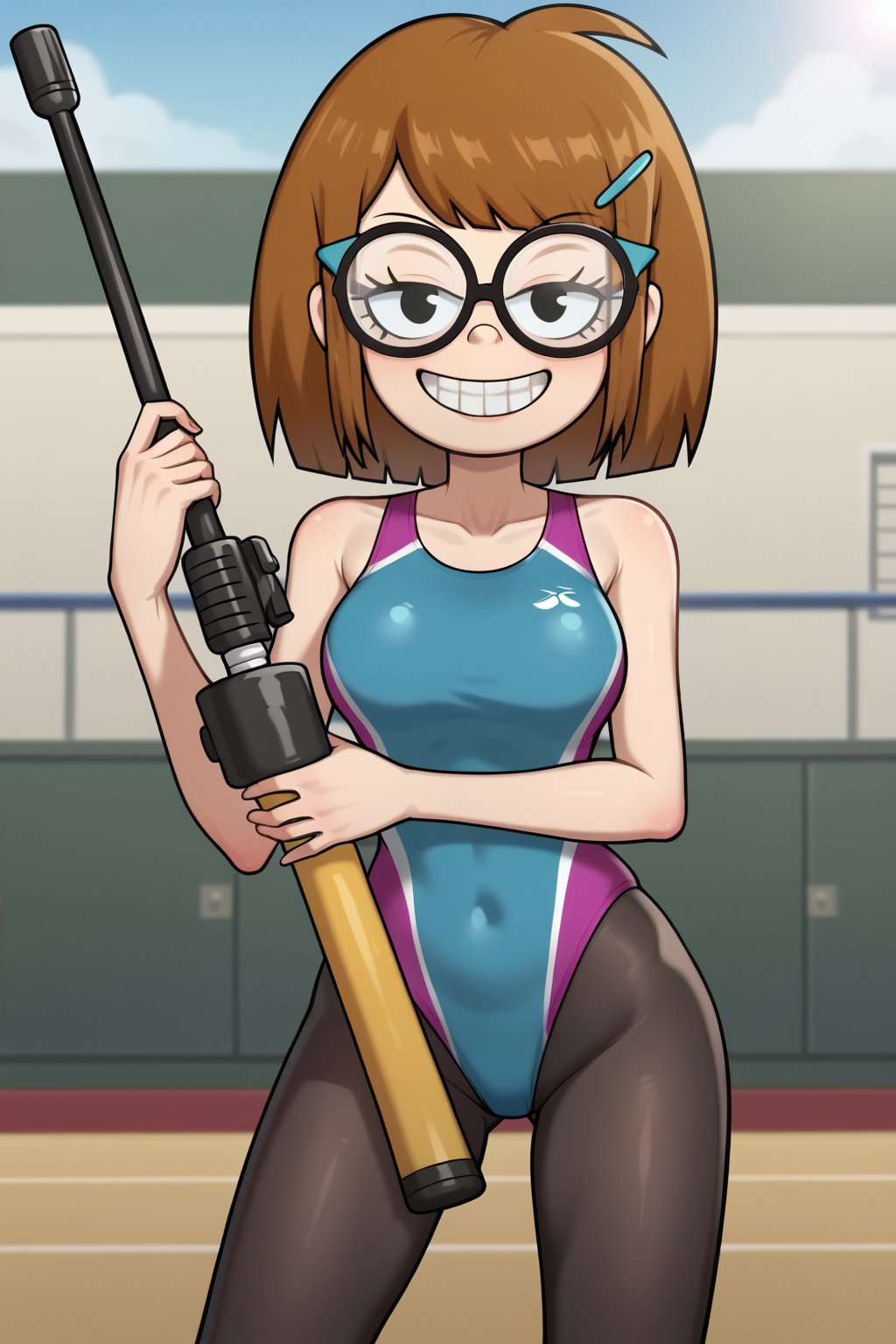 (1girl, solo, Jackie_wackerman, brown hair, medium hair, hairclip, glasses, competition swimsuit, black pantyhose, grin, brackets, standing, holding a asault rifle,looking at viewer),SFW