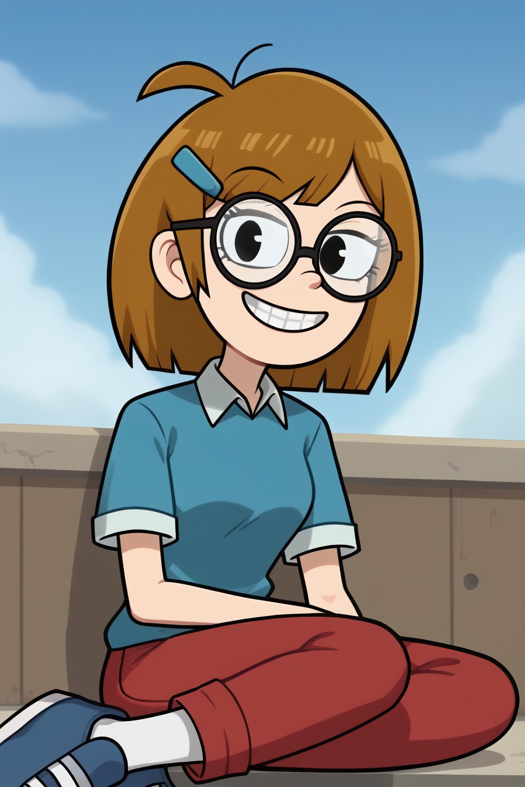 (1girl, solo, Jackie_wackerman,  brown hair, medium hair, hairclip, glasses,collared shirt, sky blue sweater with short sleeves, white sleeves, red pants, blue footwear, grin, brackets, sitting, ,looking at viewer),SFW