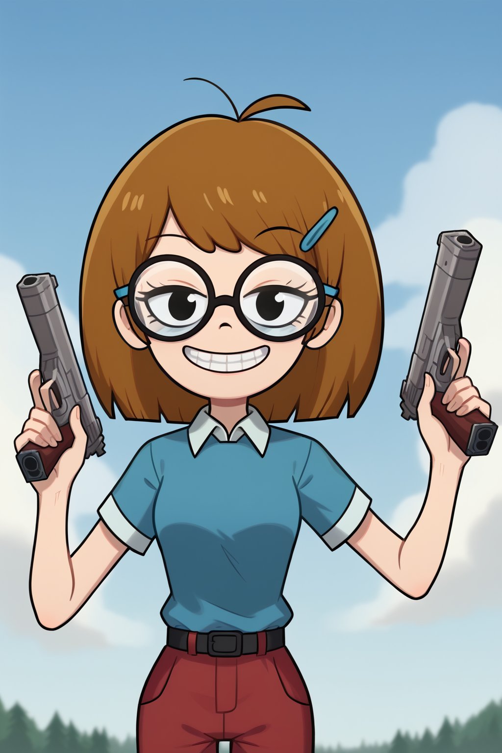 (1girl, solo, Jackie_wackerman, 16yo,  brown hair, medium hair, hairclip, glasses,collared shirt, sky blue sweater ,short sleeves, (white sleeves), red pants, blue footwear, grin, brackets, standing, upper body, holding a gun,looking at viewer),SFW