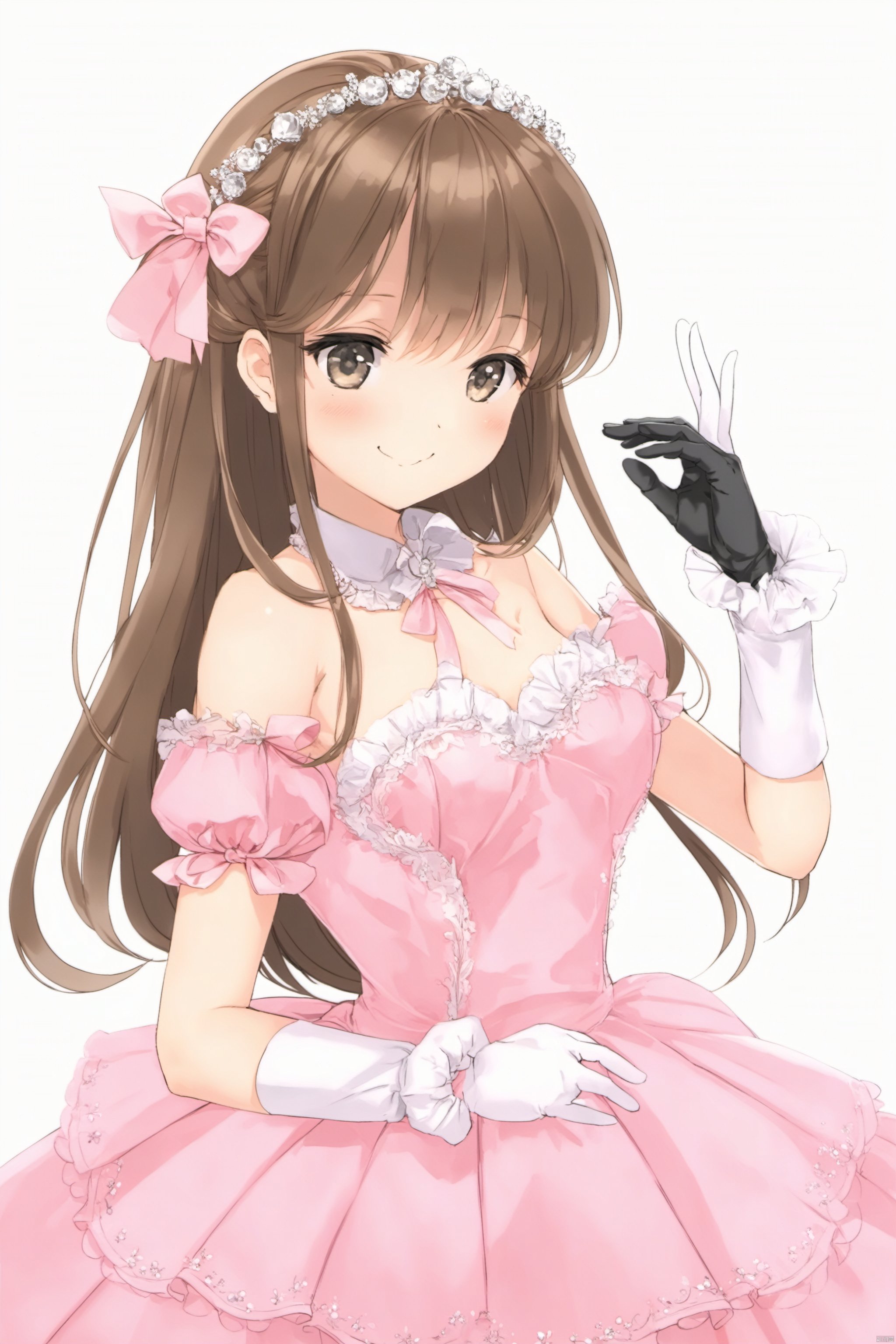 artist anmi2, (masterpiece),(best quality),(loli：1.2),(petite:1.2),1girl, solo,long hair, looking at viewer, blush, smile, bangs, simple background, hair ornament, gloves, white background, dress, holding,