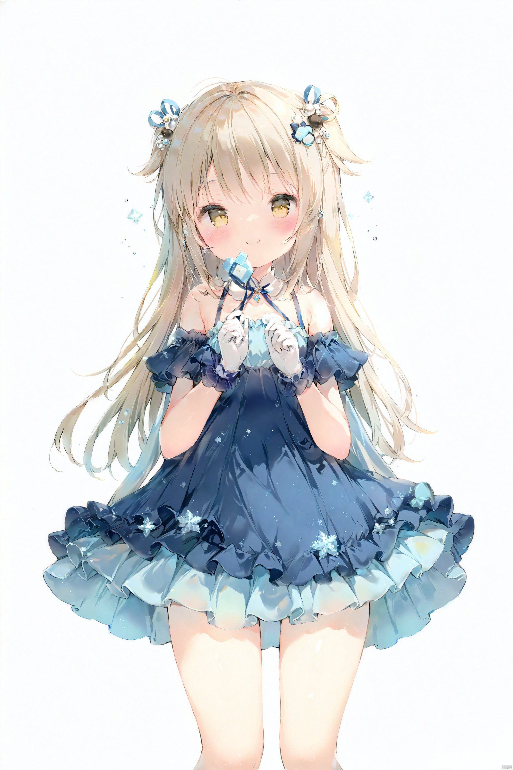 artist anmi2, (masterpiece),(best quality),(loli：1.2),(petite:1.2),1girl, solo,long hair, looking at viewer, blush, smile, bangs, simple background, hair ornament, gloves, white background, dress, holding,