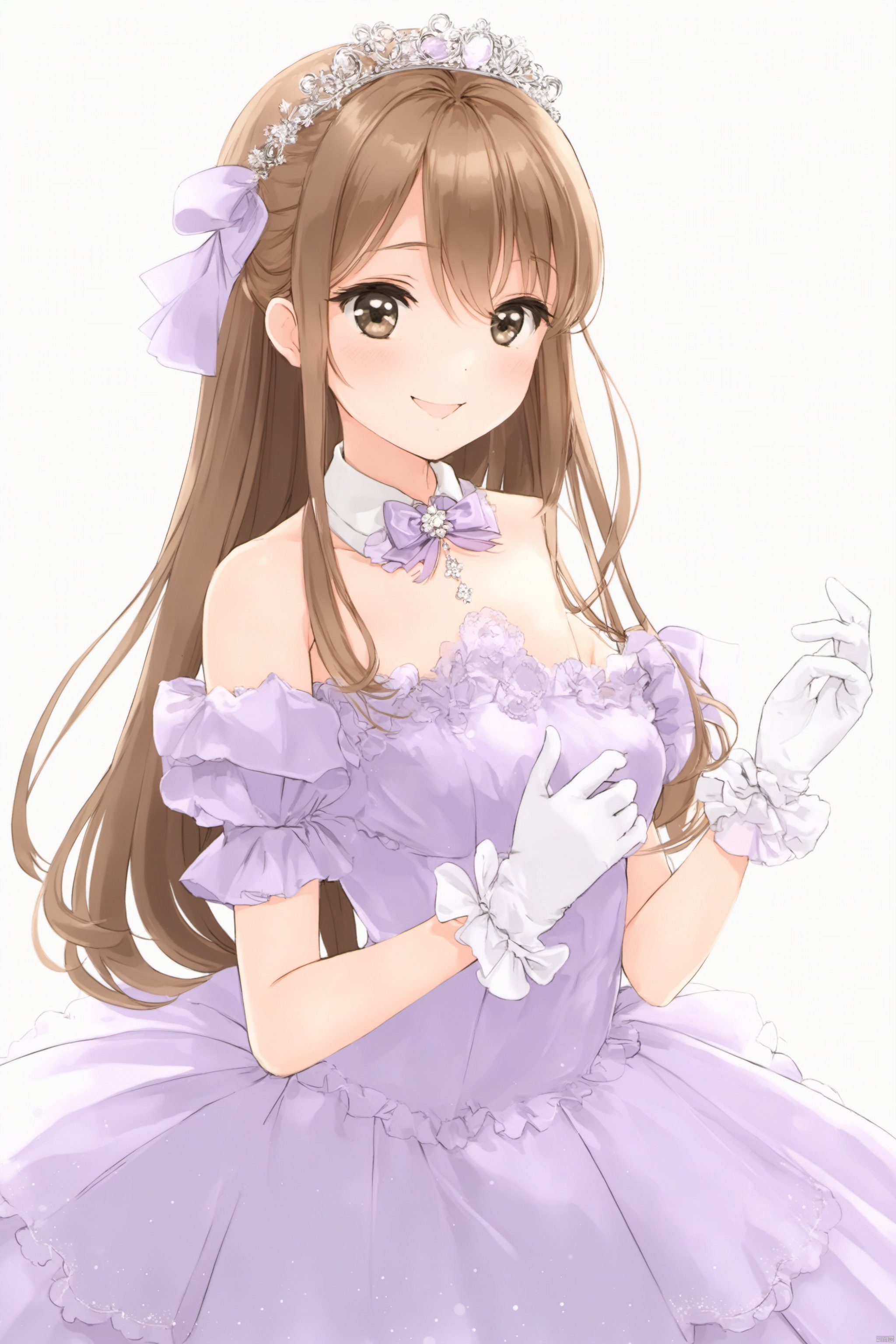 artist anmi2, (masterpiece),(best quality),(loli：1.2),(petite:1.2),1girl, solo,long hair, looking at viewer, blush, smile, bangs, simple background, hair ornament, gloves, white background, dress, holding,