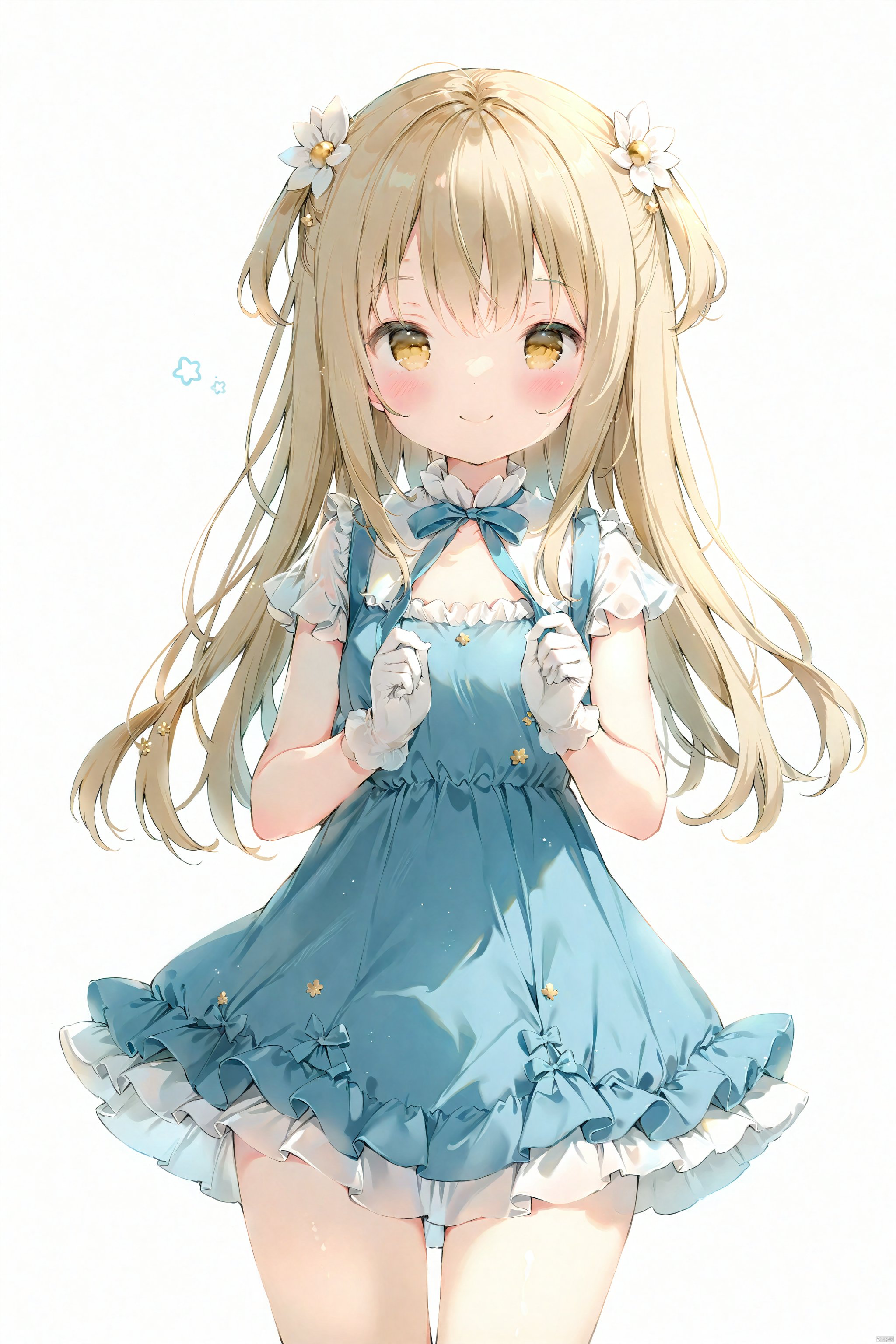 artist anmi2, (masterpiece),(best quality),(loli：1.2),(petite:1.2),1girl, solo,long hair, looking at viewer, blush, smile, bangs, simple background, hair ornament, gloves, white background, dress, holding,