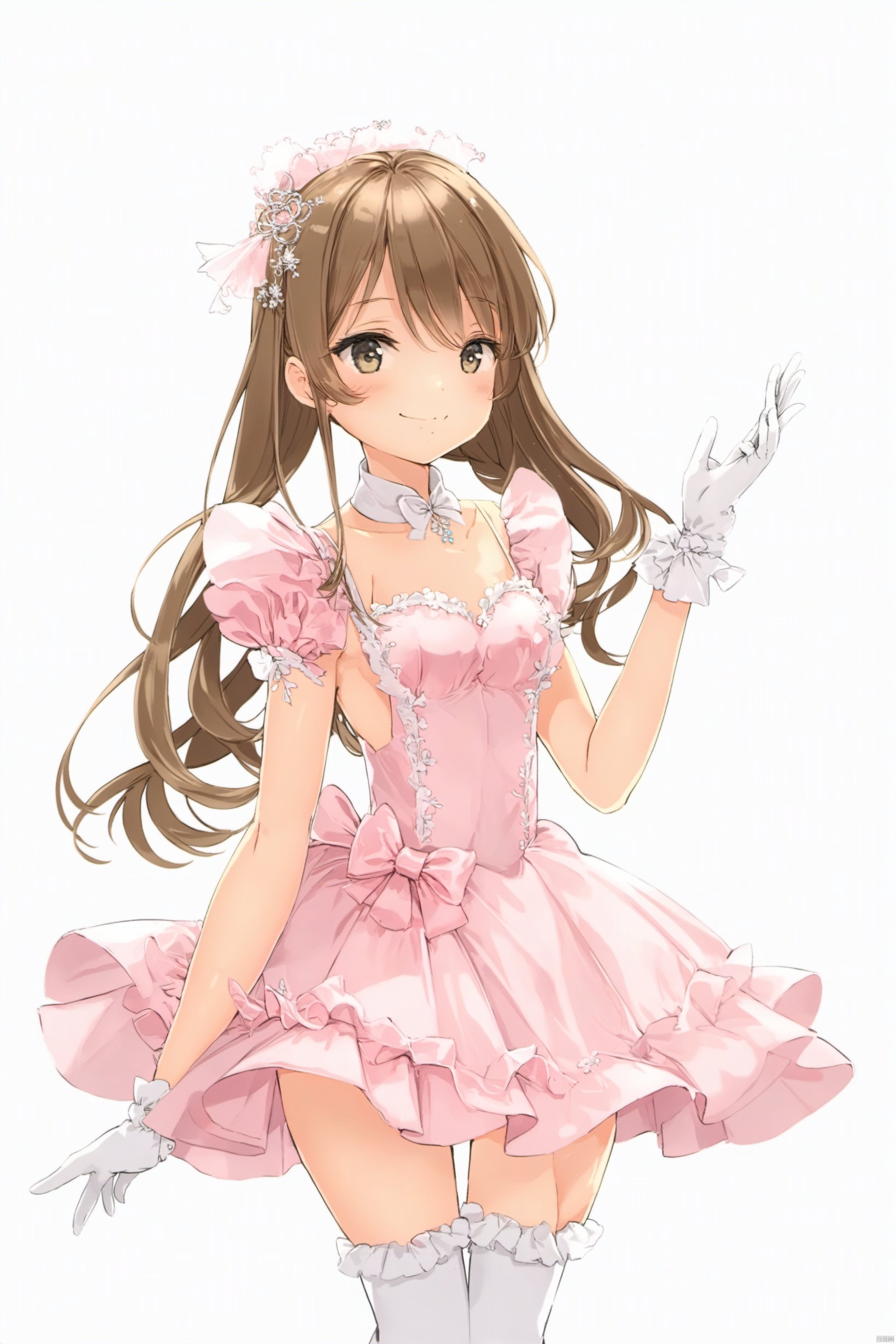 artist anmi2, (masterpiece),(best quality),(loli：1.2),(petite:1.2),1girl, solo,long hair, looking at viewer, blush, smile, bangs, simple background, hair ornament, gloves, white background, dress, holding,