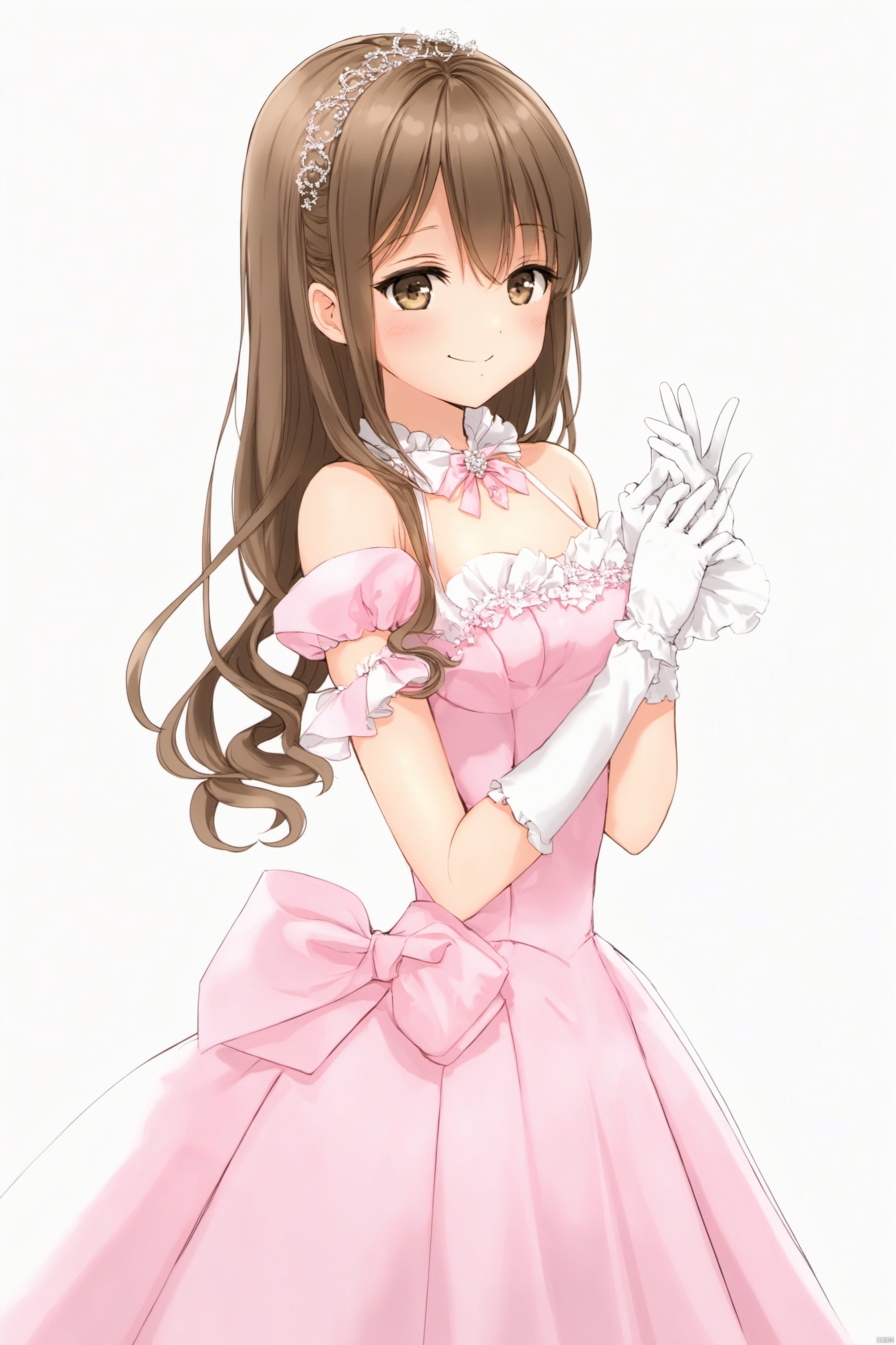 artist anmi2, (masterpiece),(best quality),(loli：1.2),(petite:1.2),1girl, solo,long hair, looking at viewer, blush, smile, bangs, simple background, hair ornament, gloves, white background, dress, holding,