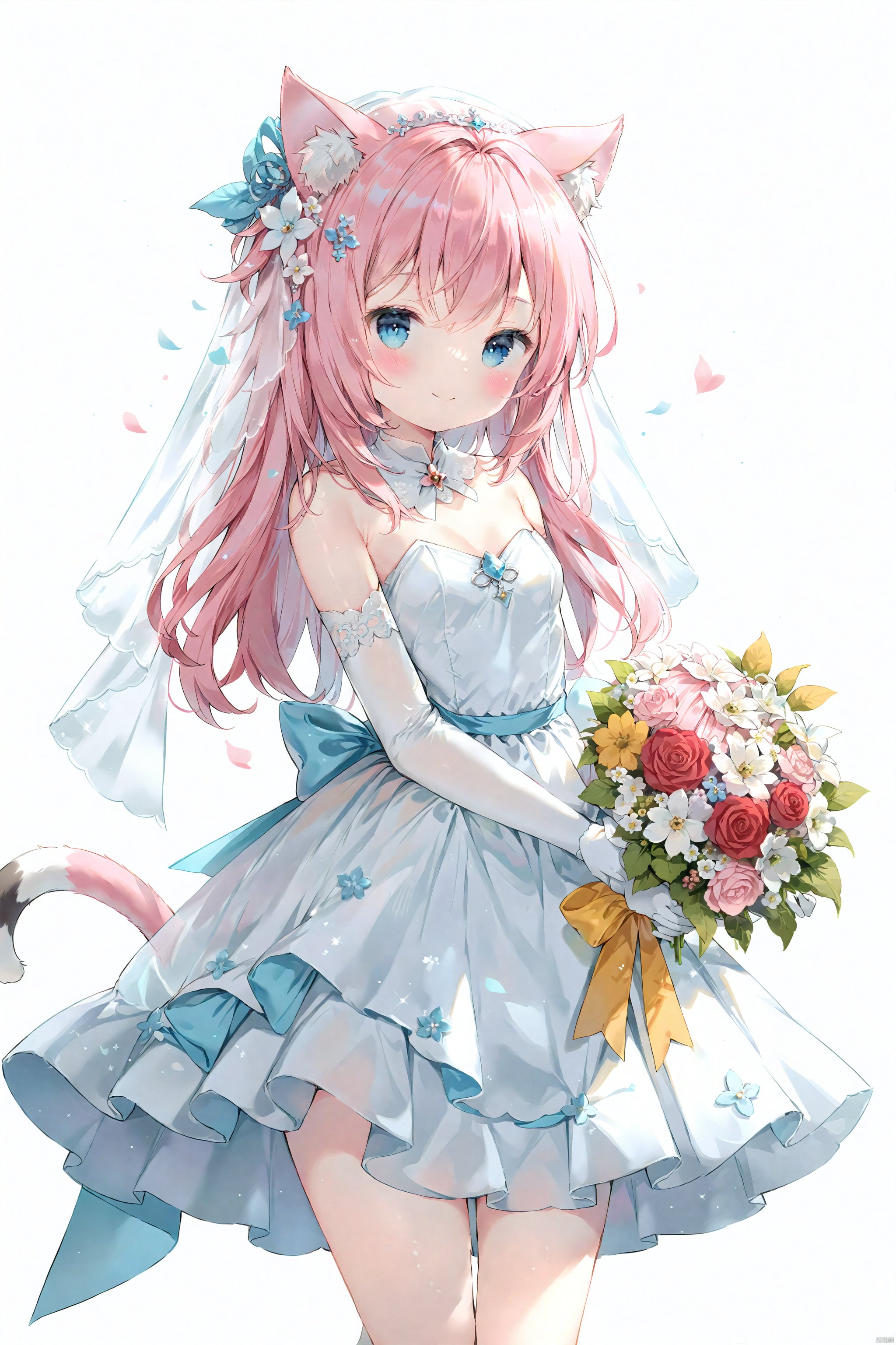 artist anmi2, (masterpiece),(best quality),(loli：1.2),(petite:1.2),1girl, solo,long hair, looking at viewer, blush, smile, bangs, simple background, hair ornament, gloves, white background, dress, holding,bare shoulders, jewelry, closed mouth, blue eyes, flower, pink hair, alternate costume, cat ears, elbow gloves, white gloves, white dress, strapless, rose, white flower, veil, strapless dress, bouquet, wedding dress, bridal veil, holding bouquet, bride, cat_tail,diona \(genshin impact\), 