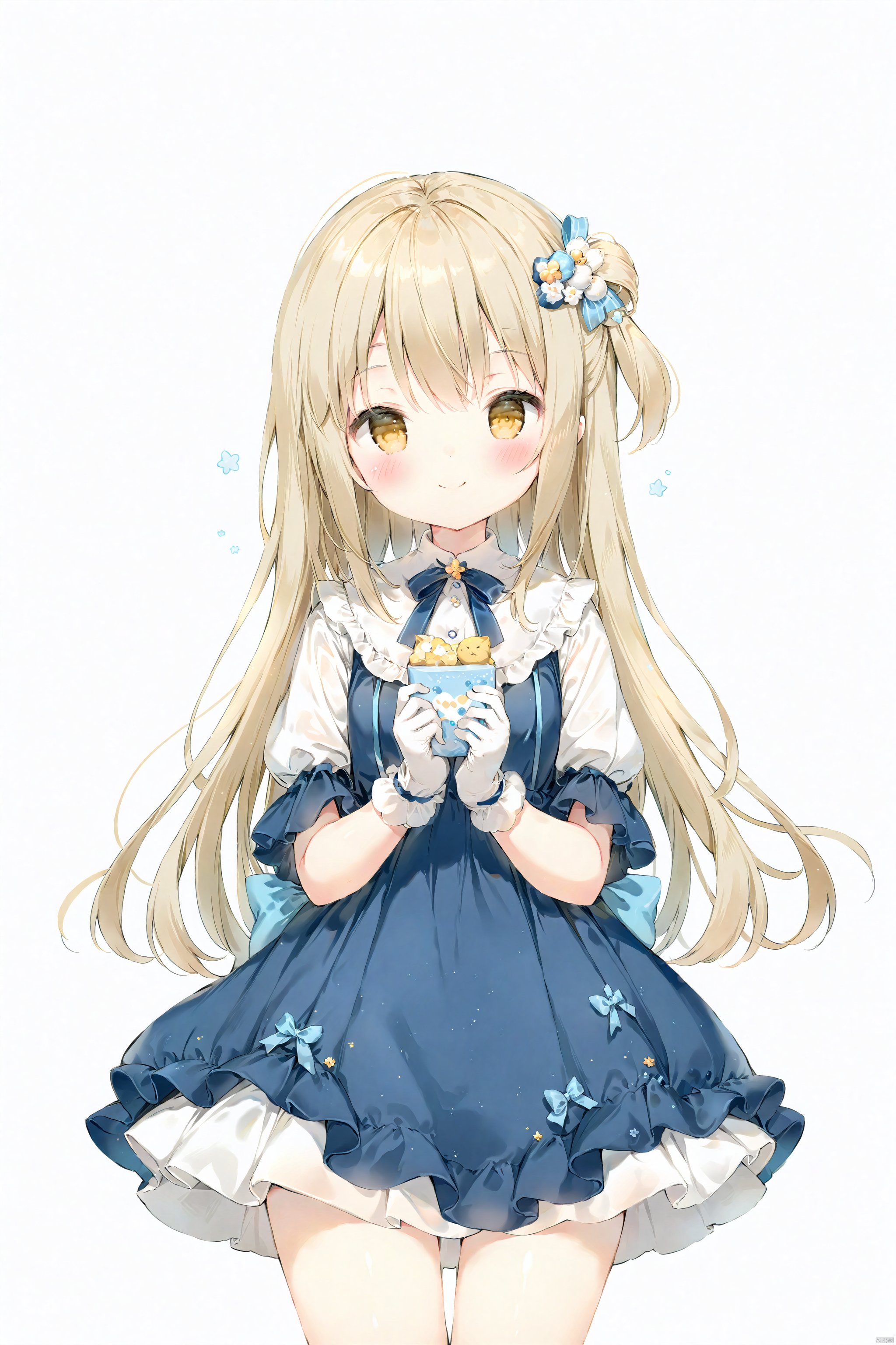 artist anmi2, (masterpiece),(best quality),(loli：1.2),(petite:1.2),1girl, solo,long hair, looking at viewer, blush, smile, bangs, simple background, hair ornament, gloves, white background, dress, holding,