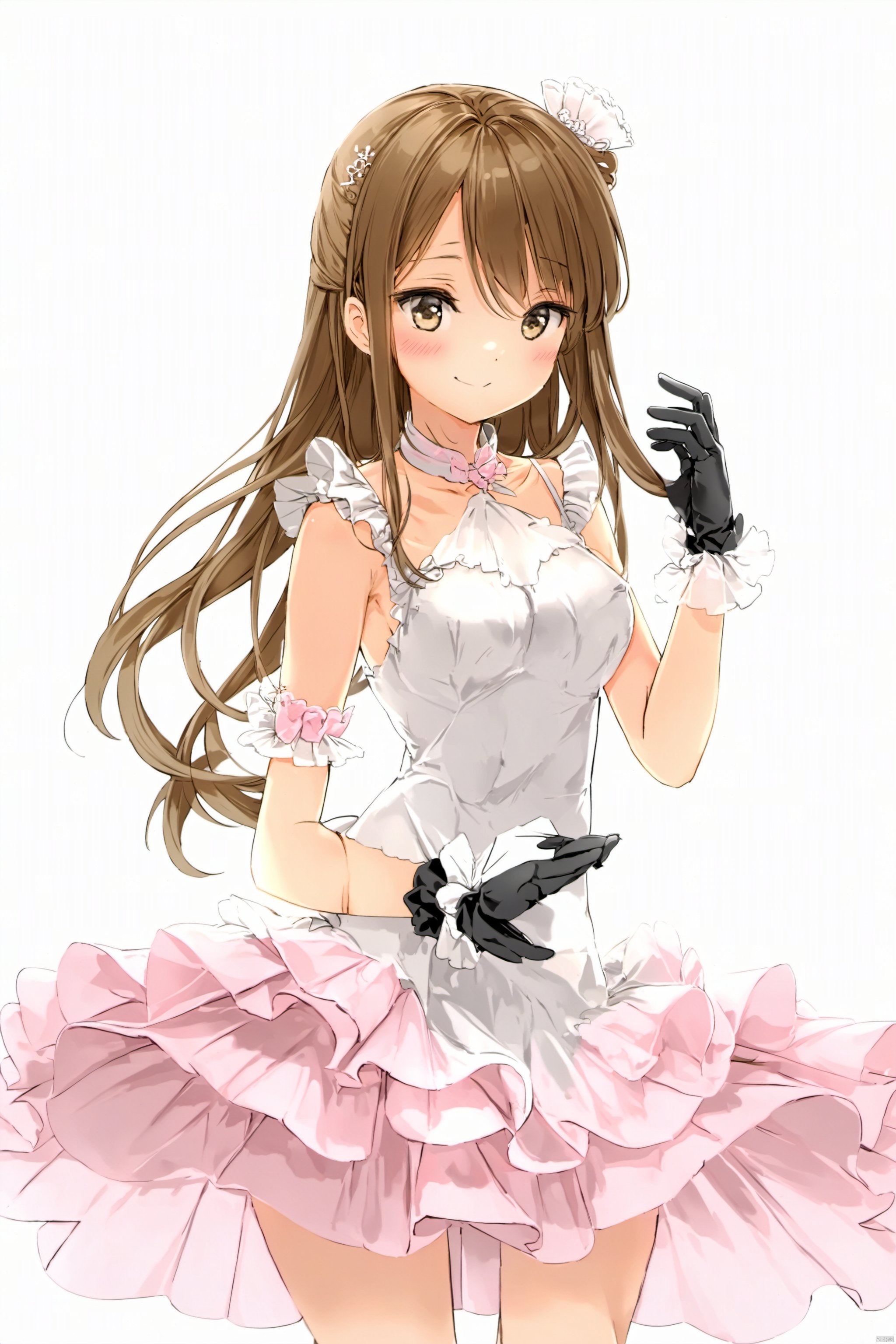 artist anmi2, (masterpiece),(best quality),(loli：1.2),(petite:1.2),1girl, solo,long hair, looking at viewer, blush, smile, bangs, simple background, hair ornament, gloves, white background, dress, holding,