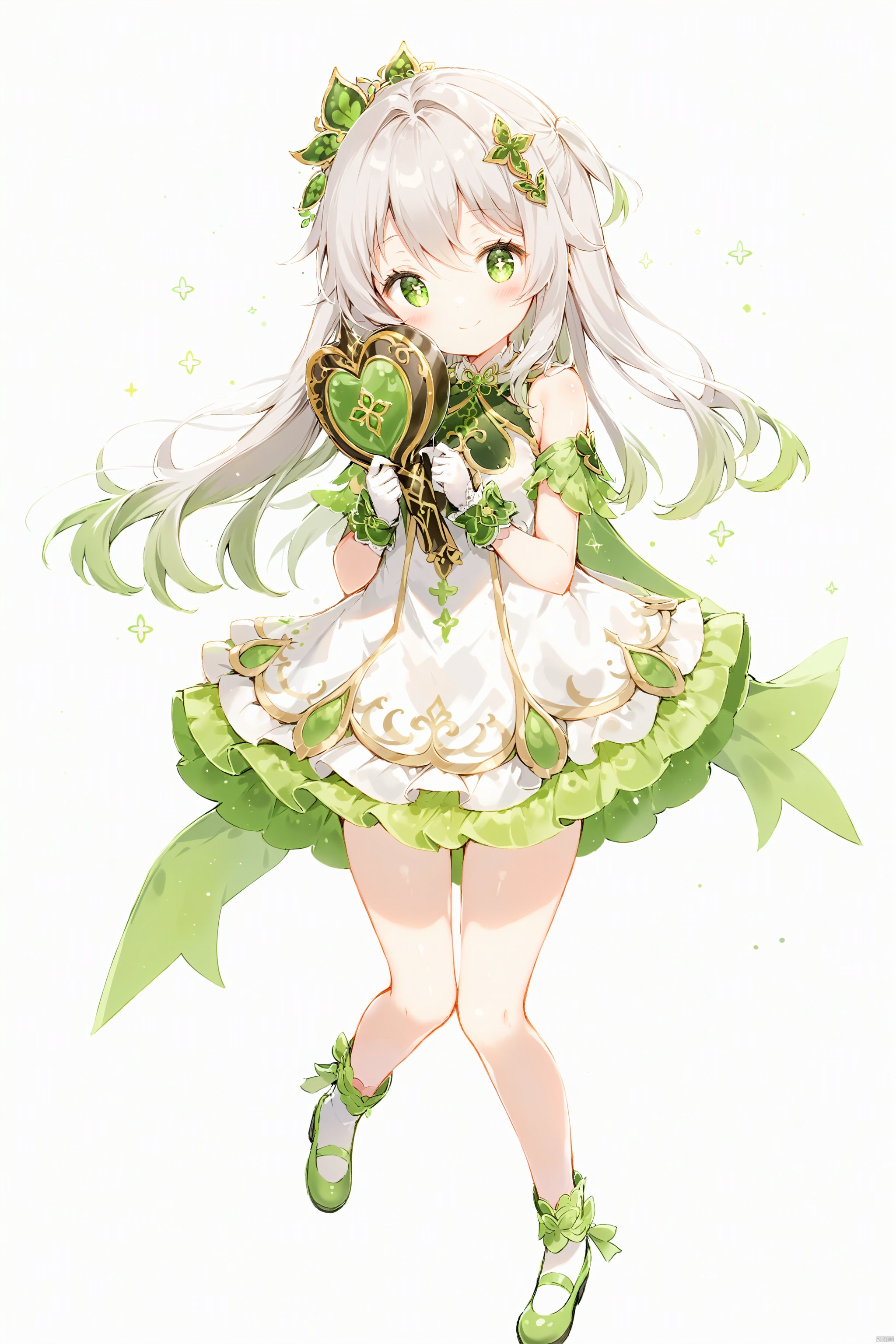 artist anmi2, (masterpiece),(best quality),(loli：1.2),(petite:1.2),1girl, solo,long hair, looking at viewer, blush, smile, bangs, symbol-shaped pupils, simple background, hair ornament, gloves, white background, dress, holding,hair between eyes, green eyes,cross-shaped pupils, white hair,green hair, gradient hair, nahida (genshin impact), loli