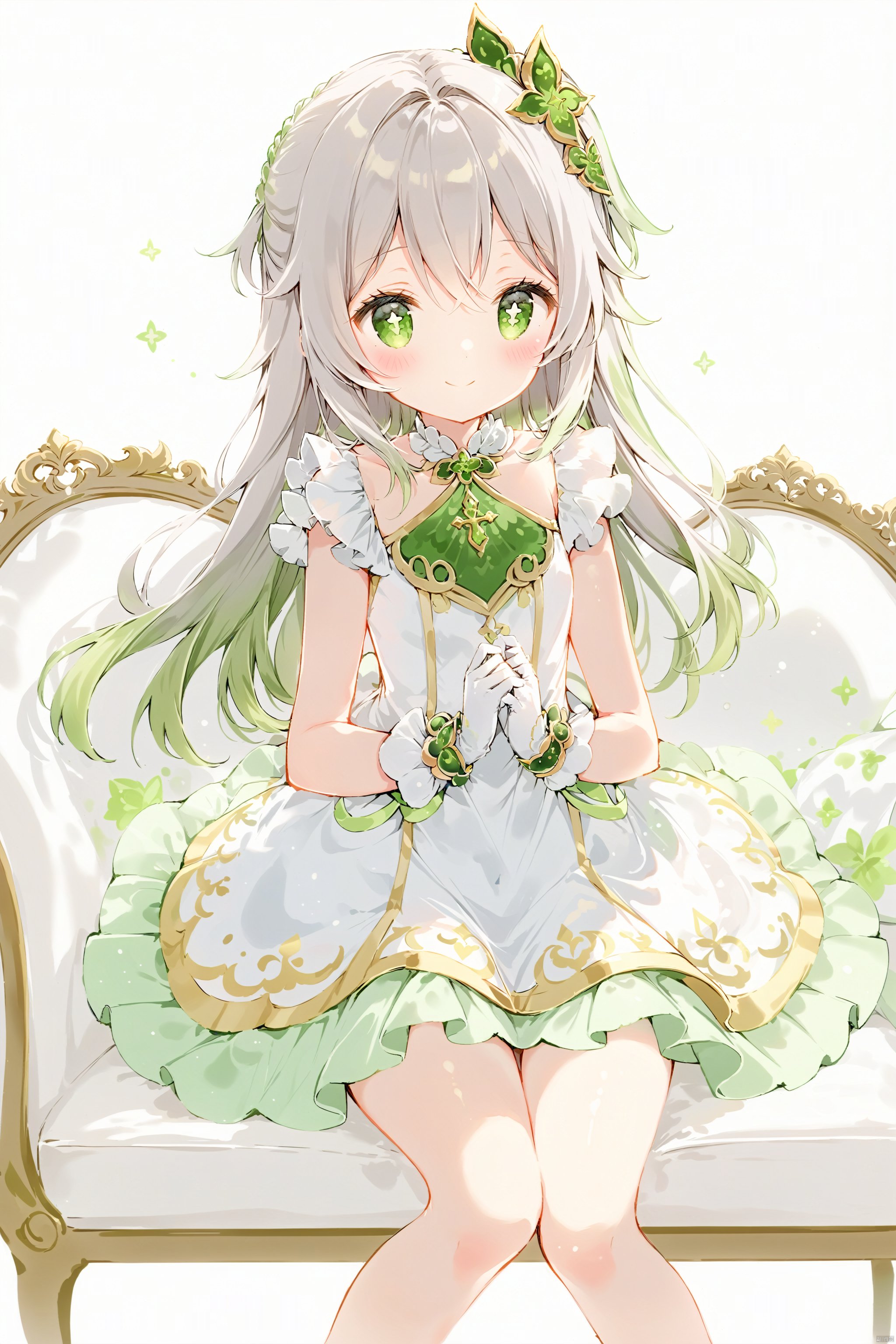 artist anmi2, (masterpiece),(best quality),(loli：1.2),(petite:1.2),1girl, solo,long hair, looking at viewer, blush, smile, bangs, symbol-shaped pupils, simple background, hair ornament, gloves, white background, dress, holding,hair between eyes, green eyes,cross-shaped pupils, white hair,green hair, gradient hair, nahida (genshin impact),living_room,sofa,sitting,