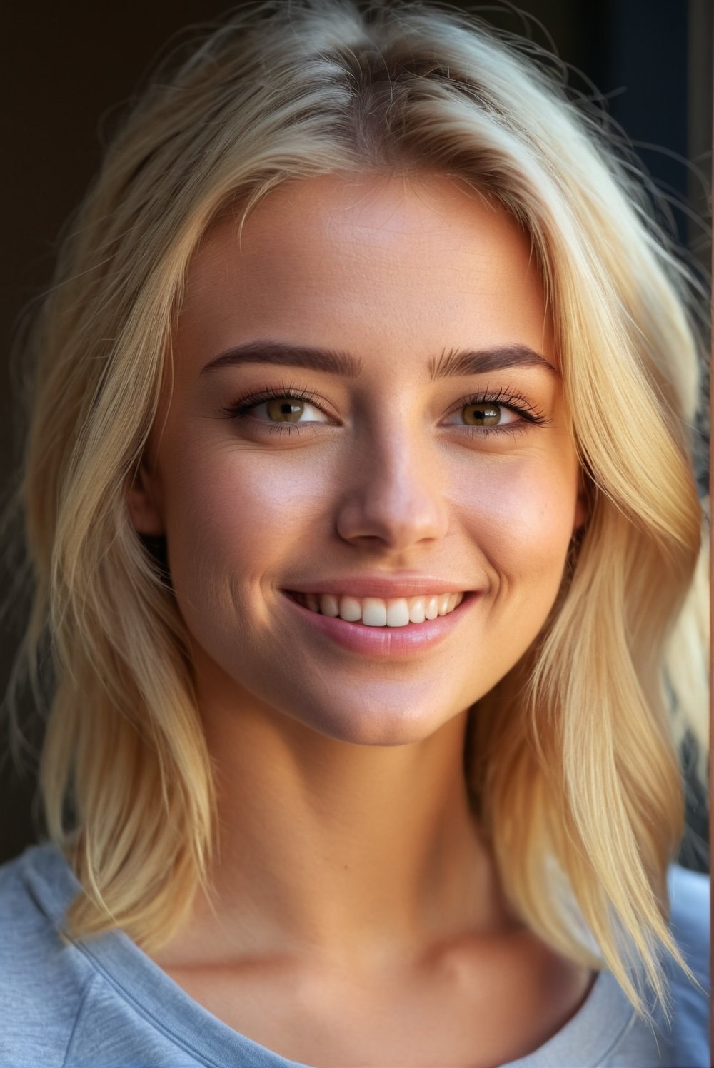 RAW uhd closeup portrait photo, casual clothes, intricate details, shallow depth of field, girl, young,  blonde hair, she is teasing the viewer, cinematic lighting, happy, (beautiful detailed glow)