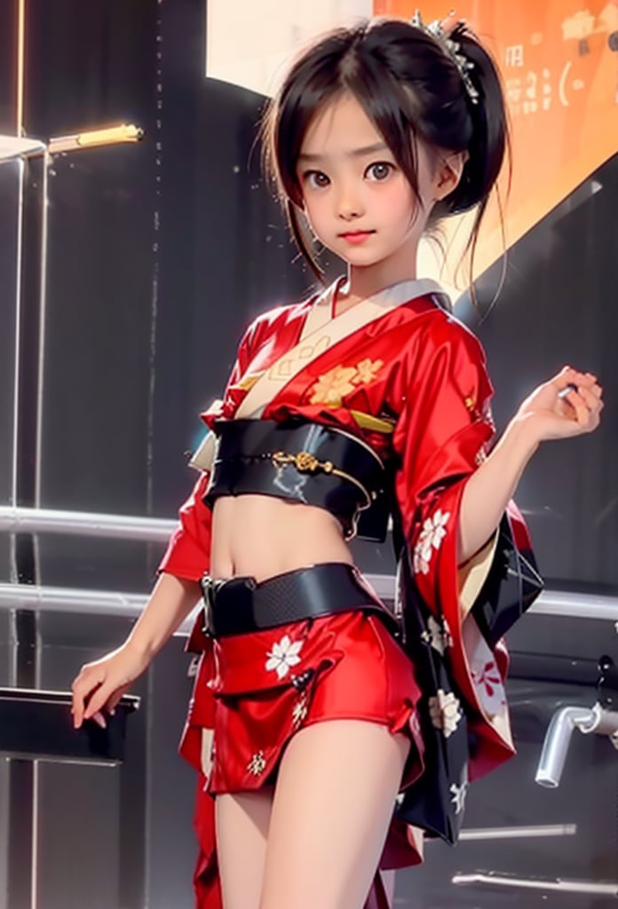 (((Dang))),(((10yo))),(((kimono))),Kawasaki Motorcycle (long hair),1girl, solo, brown hair, black hair, navel, jewelry,  earrings, black eyes,, lips, loli,petite, realistic,infantilism,slim, model,mecha girl