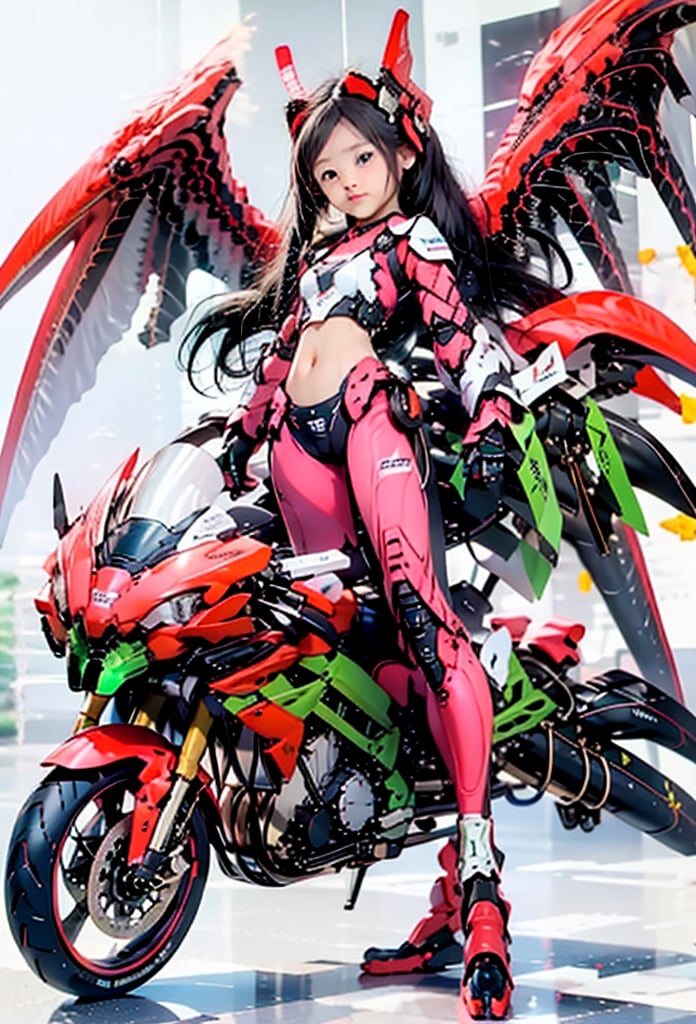 (((Dang))),(((10yo))),(ultimate shadow warrior armor),(Kawasaki Motorcycle) ,(hyper ultra mega armor full power),Mecha Dragon,
,(Dragon),(long hair),1girl, solo, brown hair, black hair, navel, jewelry,  earrings, black eyes,, lips, loli,petite, realistic,infantilism,slim, model,(mecha girl),dragon ear,