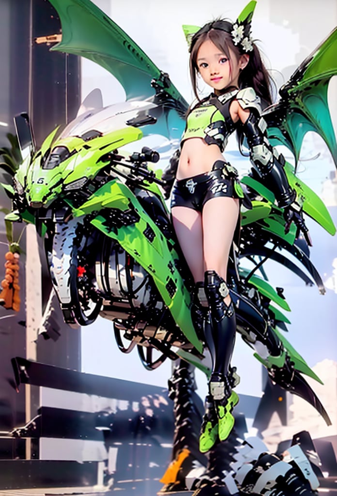 (((Dang))),(((10yo))),(ultimate shadow warrior armor),(Kawasaki Motorcycle) ,(hyper ultra mega armor full power),
,(Dragon),(long hair),1girl, solo, brown hair, black hair, navel, jewelry,  earrings, black eyes,, lips, loli,petite, realistic,infantilism,slim, model,(mecha girl),dragon ear,