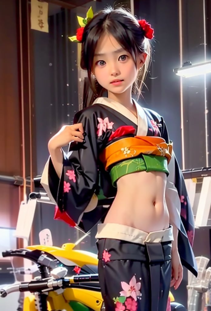 (((Dang))),(((10yo))),(((kimono))),Kawasaki Motorcycle (long hair),1girl, solo, brown hair, black hair, navel, jewelry,  earrings, black eyes,, lips, loli,petite, realistic,infantilism,slim, model,mecha girl