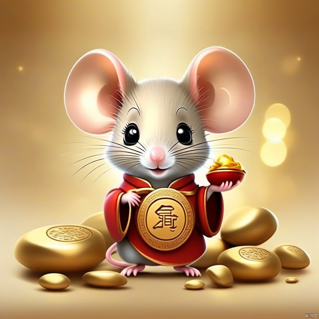 Cartoon version, cute beckoning mouse, zodiac, background blur, gold ingots,red