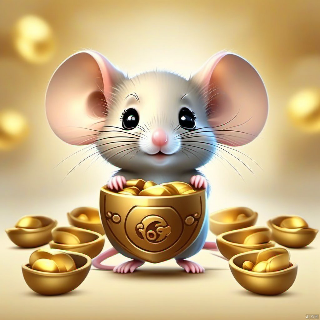 Cartoon version, cute beckoning mouse, zodiac, background blur, gold ingots