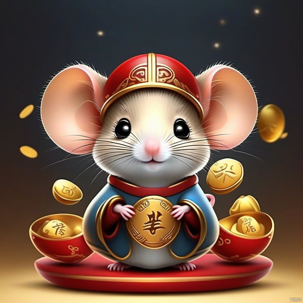 Cartoon version, cute beckoning mouse, zodiac, background blur, gold ingots,red