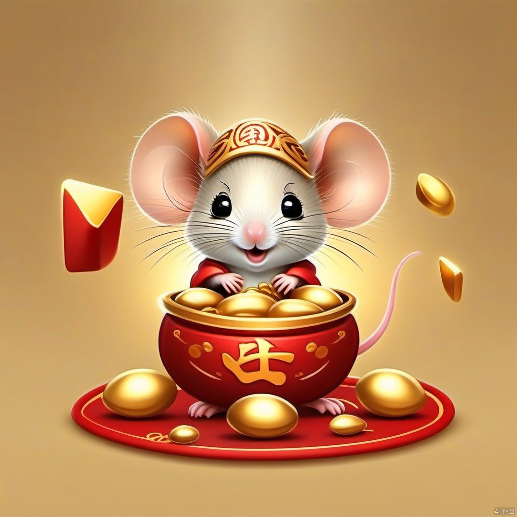 Cartoon version, cute beckoning mouse, zodiac, background blur, gold ingots,red