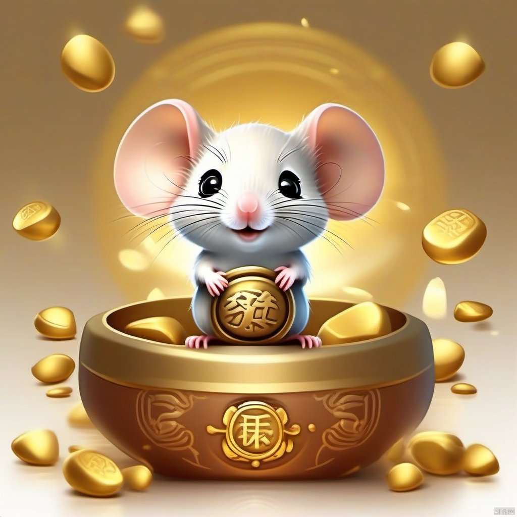 Cartoon version, cute beckoning mouse, zodiac, background blur, gold ingots