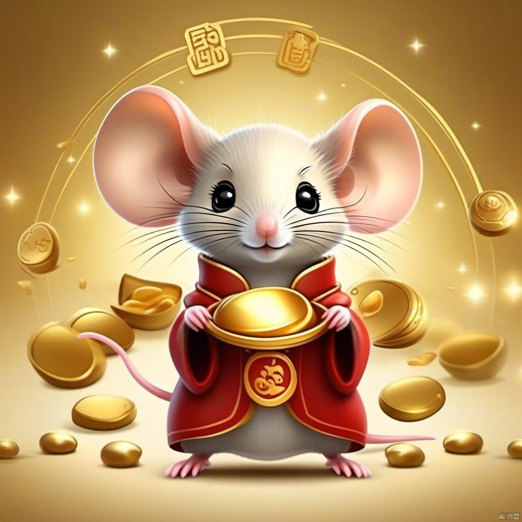 Cartoon version, cute beckoning mouse, zodiac, background blur, gold ingots,red